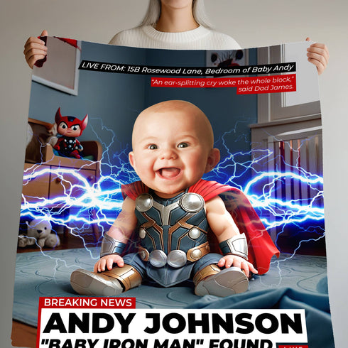 Personalized Baby Superhero Thor Blanket – CNN Breaking News Style with Custom Photo & Name